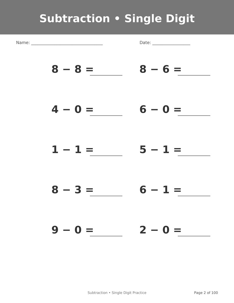 May include: A white educational worksheet titled Subtraction &bull; Single Digit with a gray header. It features ten math problems including 8-8, 8-6, 4-0, 6-0, 1-1, 5-1, 8-3, 6-1, 9-0, and 2-0, with blank lines for Name, Date, and answers. Page 2 of 100.