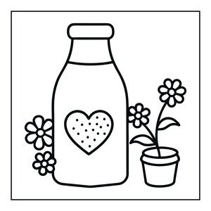 May include: A black and white line art illustration featuring a central milk bottle with a heart shape containing small dots on its front. To the left are two small flowers, and to the right is a potted plant with two flowers on thin stems.