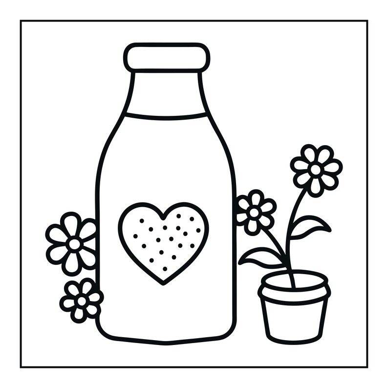 May include: A black and white line art illustration featuring a central milk bottle with a heart shape containing small dots on its front. To the left are two small flowers, and to the right is a potted plant with two flowers on thin stems.
