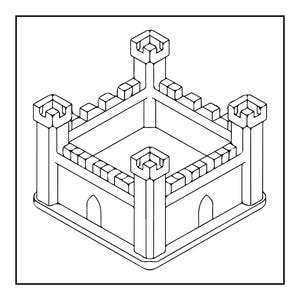 Peut inclure: Un dessin au trait noir et blanc repr&eacute;sentant une structure de ch&acirc;teau carr&eacute;e avec quatre tours d'angle aux sommets cr&eacute;nel&eacute;s. Les murs relient les tours et pr&eacute;sentent un motif cr&eacute;nel&eacute; r&eacute;p&eacute;titif sur le bord sup&eacute;rieur et des portes en arc.
