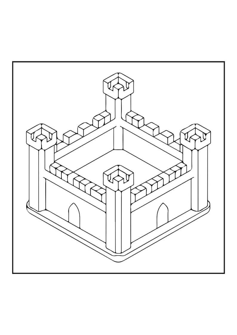 Peut inclure: Un dessin au trait noir et blanc repr&eacute;sentant une structure de ch&acirc;teau carr&eacute;e avec quatre tours d'angle aux sommets cr&eacute;nel&eacute;s. Les murs relient les tours et pr&eacute;sentent un motif cr&eacute;nel&eacute; r&eacute;p&eacute;titif sur le bord sup&eacute;rieur et des portes en arc.