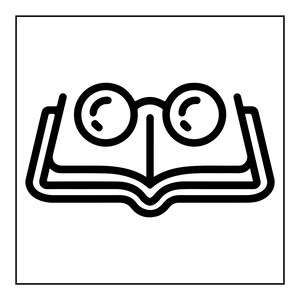 Peut inclure: Une ic&ocirc;ne en art lin&eacute;aire noir et blanc repr&eacute;sentant un livre ouvert avec une paire de lunettes rondes pos&eacute;e sur les pages. Le design pr&eacute;sente des contours &eacute;pais et nets, montrant la reliure du livre et les pages avec des verres circulaires.