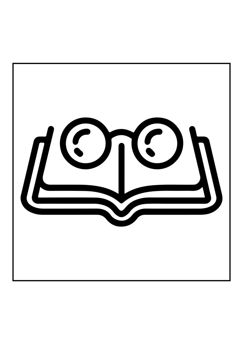 Peut inclure: Une ic&ocirc;ne en art lin&eacute;aire noir et blanc repr&eacute;sentant un livre ouvert avec une paire de lunettes rondes pos&eacute;e sur les pages. Le design pr&eacute;sente des contours &eacute;pais et nets, montrant la reliure du livre et les pages avec des verres circulaires.
