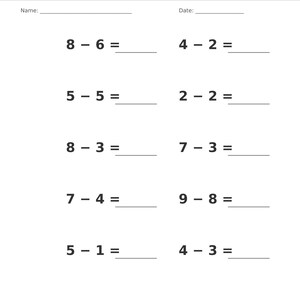 May include: A white educational worksheet titled Subtraction &bull; Single Digit with a gray header. It features ten single-digit subtraction problems with blank lines for answers, plus fields for Name and Date. The footer reads Subtraction &bull; Single Digit Practice and Page 4 of 100.
