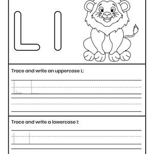 Pu&ograve; includere: Una scheda didattica in bianco e nero con il testo Color the letter Ll and a Lion, il contorno della lettera maiuscola L, una lettera minuscola l, un leone a cartone animato e sezioni per tracciare e scrivere le lettere L e l.