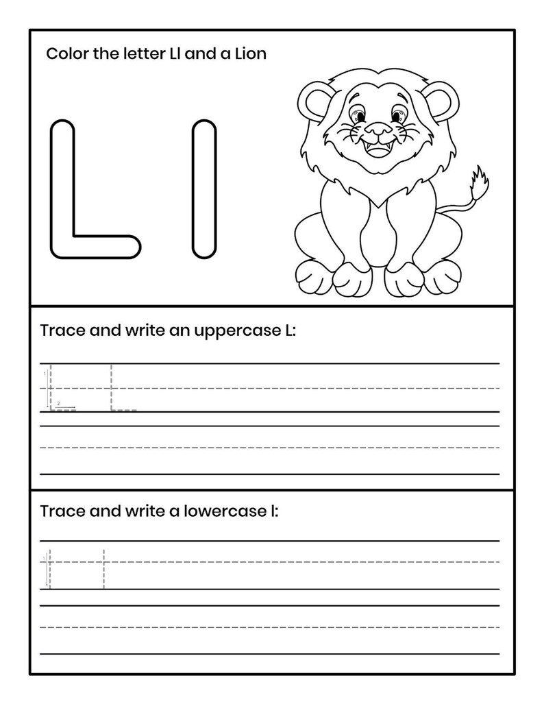 Pu&ograve; includere: Una scheda didattica in bianco e nero con il testo Color the letter Ll and a Lion, il contorno della lettera maiuscola L, una lettera minuscola l, un leone a cartone animato e sezioni per tracciare e scrivere le lettere L e l.