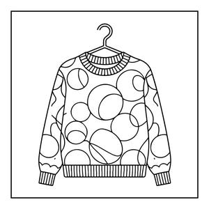 Op de afbeelding: Een zwart-witte lijntekening van een trui met lange mouwen die aan een kledinghanger hangt. De trui heeft een herhalend patroon van overlappende cirkels en een geribbelde breistructuur bij de ronde hals, mouwboorden en de onderzoom.