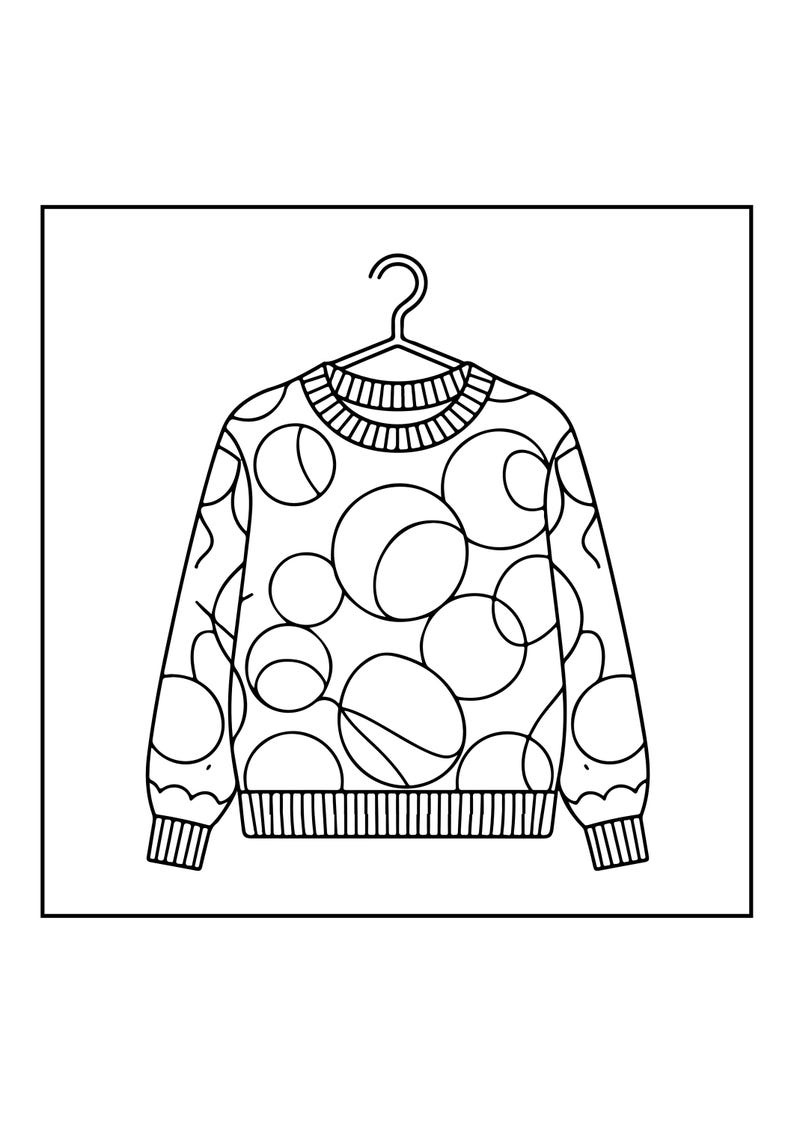 Op de afbeelding: Een zwart-witte lijntekening van een trui met lange mouwen die aan een kledinghanger hangt. De trui heeft een herhalend patroon van overlappende cirkels en een geribbelde breistructuur bij de ronde hals, mouwboorden en de onderzoom.