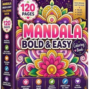 May include: A square coloring book titled Mandala Bold & Easy with a purple cover featuring a colorful floral mandala pattern. The cover displays the text 120 Pages, Bold & Easy, and lists features like stress relief and creative expression.