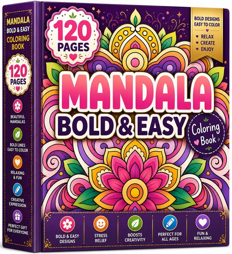 May include: A square coloring book titled Mandala Bold & Easy with a purple cover featuring a colorful floral mandala pattern. The cover displays the text 120 Pages, Bold & Easy, and lists features like stress relief and creative expression.