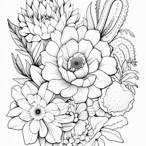 Pode incluir: Uma ilustra&ccedil;&atilde;o de arte linear em preto e branco apresentando um arranjo denso de v&aacute;rias flores e suculentas. A composi&ccedil;&atilde;o inclui p&eacute;talas grandes e em camadas, formas de cactos arredondadas e folhas pontiagudas com sombreamento.