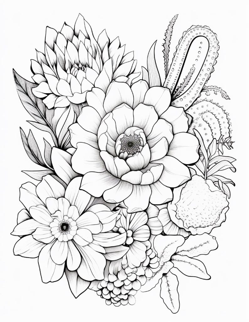Pode incluir: Uma ilustra&ccedil;&atilde;o de arte linear em preto e branco apresentando um arranjo denso de v&aacute;rias flores e suculentas. A composi&ccedil;&atilde;o inclui p&eacute;talas grandes e em camadas, formas de cactos arredondadas e folhas pontiagudas com sombreamento.