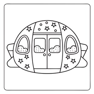 May include: A black and white line art illustration of a rounded carriage featuring two central doors, four windows with dotted patterns, and multiple star shapes decorating the exterior frame. The design is symmetrical with a curved roofline.