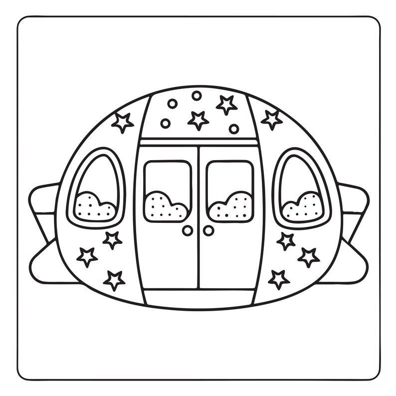 May include: A black and white line art illustration of a rounded carriage featuring two central doors, four windows with dotted patterns, and multiple star shapes decorating the exterior frame. The design is symmetrical with a curved roofline.