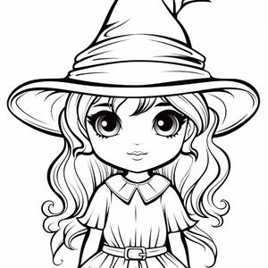 May include: A black and white line art illustration of a character with long wavy hair wearing a wide-brimmed pointed hat. The character has large eyes, a collared dress with short sleeves, and a belt with a buckle around the waist.