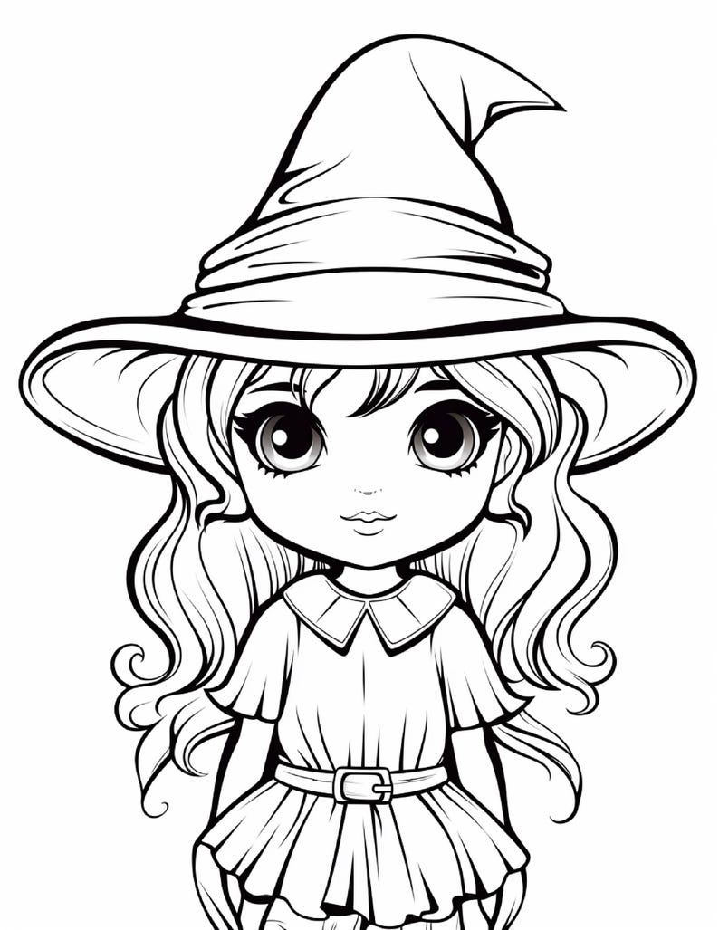 May include: A black and white line art illustration of a character with long wavy hair wearing a wide-brimmed pointed hat. The character has large eyes, a collared dress with short sleeves, and a belt with a buckle around the waist.