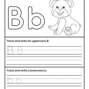 Pu&ograve; includere: Una scheda didattica in bianco e nero con il testo Color the letter Bb and a Bear, una grande lettera Bb maiuscola e minuscola, un disegno al tratto di un orso e sezioni per tracciare e scrivere la B maiuscola e la b minuscola.