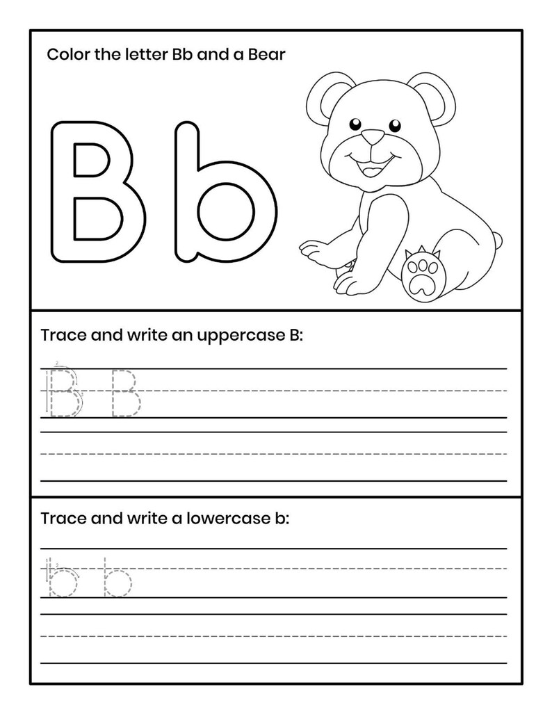 Pu&ograve; includere: Una scheda didattica in bianco e nero con il testo Color the letter Bb and a Bear, una grande lettera Bb maiuscola e minuscola, un disegno al tratto di un orso e sezioni per tracciare e scrivere la B maiuscola e la b minuscola.