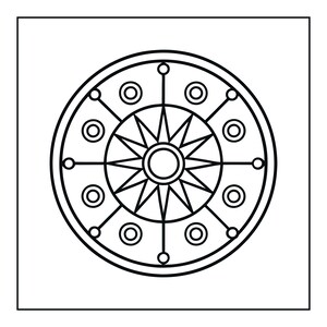 Pu&ograve; includere: Un grafico circolare in bianco e nero con un motivo a stella centrale circondato da un anello di otto piccoli cerchi collegati da linee rette al bordo esterno, il tutto racchiuso all'interno di una cornice quadrata.