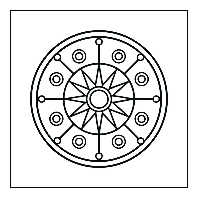 Pu&ograve; includere: Un grafico circolare in bianco e nero con un motivo a stella centrale circondato da un anello di otto piccoli cerchi collegati da linee rette al bordo esterno, il tutto racchiuso all'interno di una cornice quadrata.