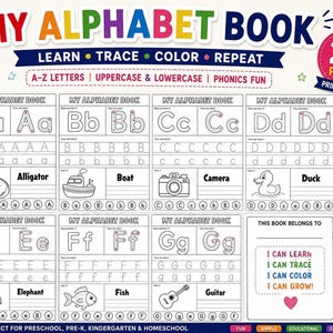 A promotional collage displaying various pages from the alphabet book printable featuring letters A through G alongside colorful icons and feature badges.