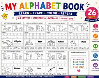 Folhas de exercícios de formação de letras do alfabeto, PDF de traçado de A a Z com prática de letras maiúsculas e minúsculas.