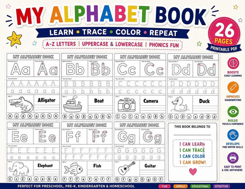 A promotional collage displaying various pages from the alphabet book printable featuring letters A through G alongside colorful icons and feature badges.