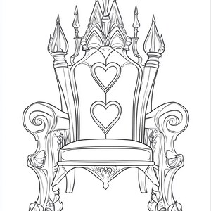 Puede incluir: Una ilustraci&oacute;n de arte lineal en blanco y negro de una silla de respaldo alto con dos formas de coraz&oacute;n apiladas en el centro. La silla presenta remates puntiagudos y ornamentados en la parte superior y apoyabrazos curvos con volutas.
