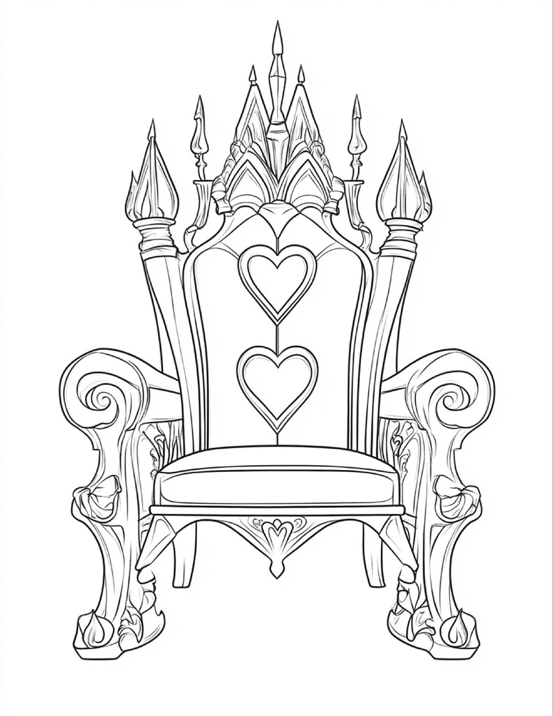 Puede incluir: Una ilustraci&oacute;n de arte lineal en blanco y negro de una silla de respaldo alto con dos formas de coraz&oacute;n apiladas en el centro. La silla presenta remates puntiagudos y ornamentados en la parte superior y apoyabrazos curvos con volutas.