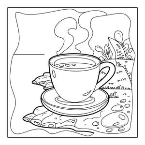 A black and white coloring page of a steaming cup of tea on a saucer with cookies and plants in the background.