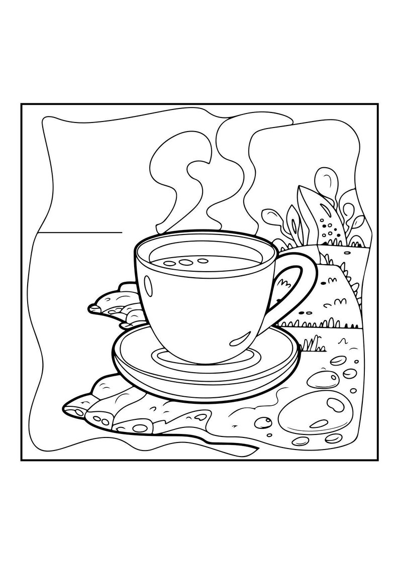 A black and white coloring page of a steaming cup of tea on a saucer with cookies and plants in the background.