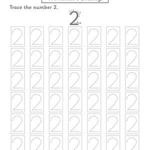 Puede incluir: Una hoja de ejercicios en blanco y negro titulada Worksheet 3 (Tracing) dise&ntilde;ada para practicar el n&uacute;mero 2. Incluye un n&uacute;mero 2 grande de instrucci&oacute;n con flechas direccionales y una cuadr&iacute;cula de treinta y seis recuadros con l&iacute;neas punteadas.