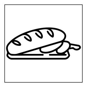 May include: A black and white line art icon depicting a loaf of bread resting on a flat rectangular cutting board. The bread features three diagonal score marks on its top surface, and the entire illustration is enclosed within a square frame.