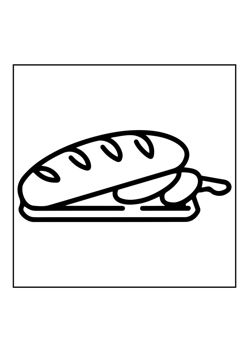 May include: A black and white line art icon depicting a loaf of bread resting on a flat rectangular cutting board. The bread features three diagonal score marks on its top surface, and the entire illustration is enclosed within a square frame.