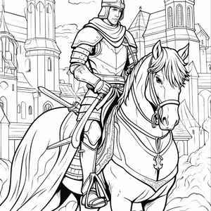 Op de afbeelding: Een zwart-wit kleurplaatillustratie met een ridder in volledig harnas en helm op een paard. De ridder draagt een zwaard aan de zijde. Op de achtergrond staat een groot middeleeuws kasteel met hoge torens.