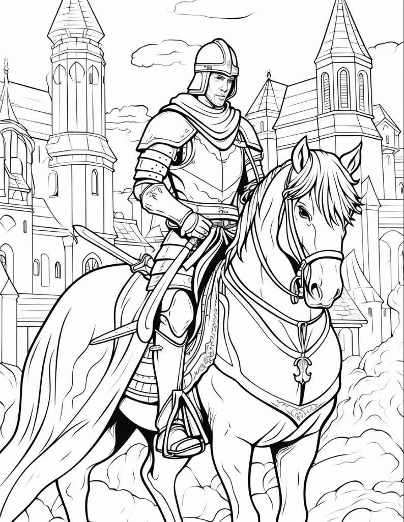 Op de afbeelding: Een zwart-wit kleurplaatillustratie met een ridder in volledig harnas en helm op een paard. De ridder draagt een zwaard aan de zijde. Op de achtergrond staat een groot middeleeuws kasteel met hoge torens.