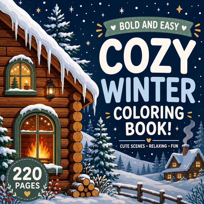 May include: A colouring book cover titled Bold and Easy Cozy Winter Colouring Book! with 220 pages. The illustration features a log cabin with snow-covered roofs, glowing windows, a fireplace, and pine trees against a dark blue starry night sky.