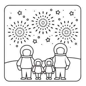 May include: A black and white line art illustration featuring four figures in astronaut suits standing on a lunar surface. Above them, the sky is filled with multiple firework bursts and various small stars, creating a festive celestial scene.
