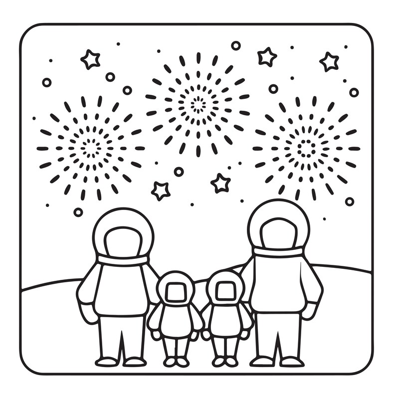 May include: A black and white line art illustration featuring four figures in astronaut suits standing on a lunar surface. Above them, the sky is filled with multiple firework bursts and various small stars, creating a festive celestial scene.
