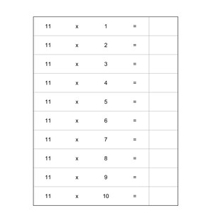 Peut inclure: Un tableau &eacute;ducatif en noir et blanc intitul&eacute; Math Tables pr&eacute;sentant une table de multiplication pour le nombre 11. La grille affiche des &eacute;quations de 11 fois 1 &agrave; 11 fois 10, avec des cellules vides pour inscrire les r&eacute;sultats calcul&eacute;s.