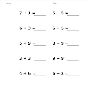 May include: A white educational worksheet titled Addition &bull; Single Digit with blank lines for Name and Date. It features ten math problems including 7+1, 5+5, 6+3, 6+5, 5+9, 8+9, 3+3, 9+9, 4+6, and 6+2. The bottom text reads Single Digit Addition Practice Page 19 of 100.