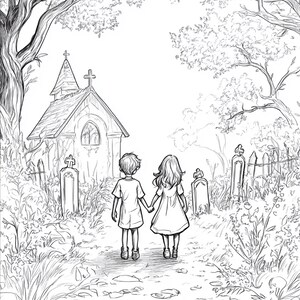 Puede incluir: Una ilustraci&oacute;n de arte lineal en blanco y negro que muestra a dos ni&ntilde;os tomados de la mano mientras caminan por un sendero en un cementerio. Una peque&ntilde;a capilla con una cruz en el techo se alza al fondo, rodeada de &aacute;rboles y l&aacute;pidas.