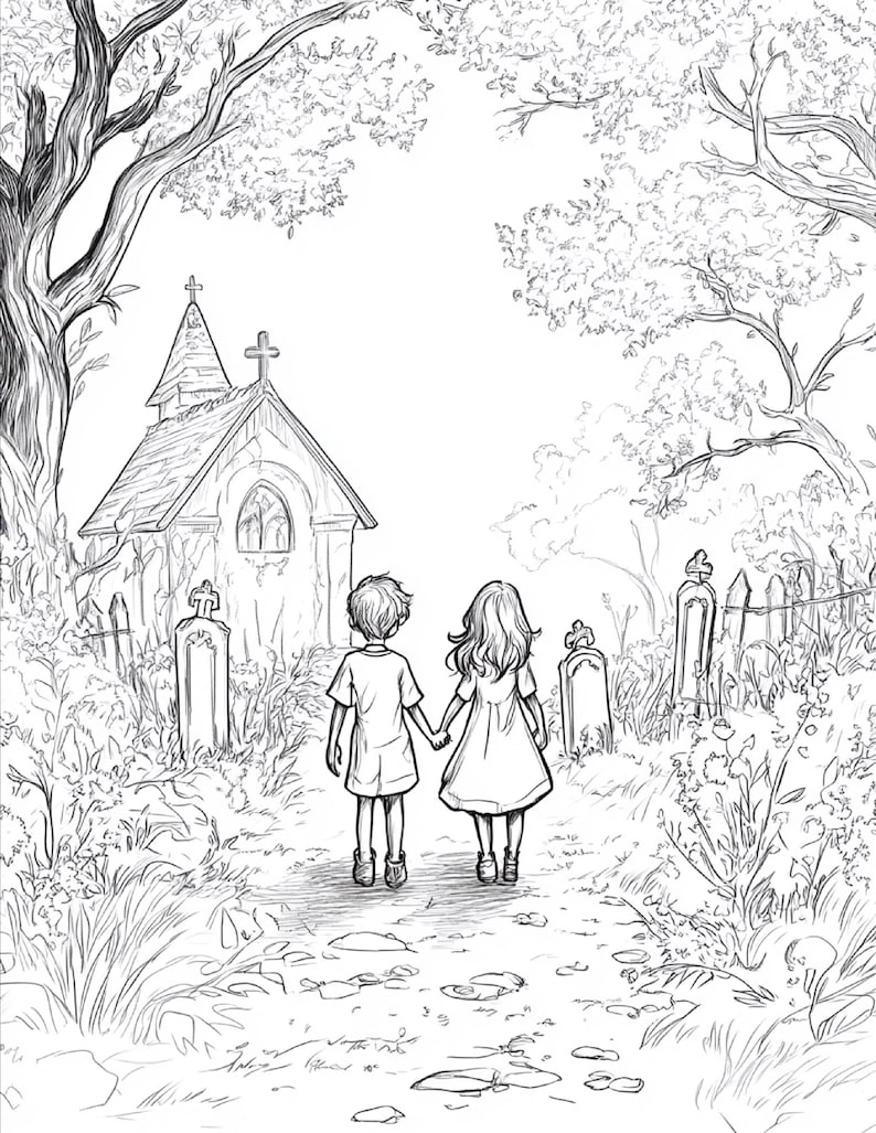 Puede incluir: Una ilustraci&oacute;n de arte lineal en blanco y negro que muestra a dos ni&ntilde;os tomados de la mano mientras caminan por un sendero en un cementerio. Una peque&ntilde;a capilla con una cruz en el techo se alza al fondo, rodeada de &aacute;rboles y l&aacute;pidas.
