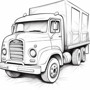 May include: A black and white line drawing of a medium-duty box lorry. The vehicle features a prominent front grille, circular headlights, side mirrors, and a large rectangular cargo box. The illustration shows the lorry from a front-side angle.