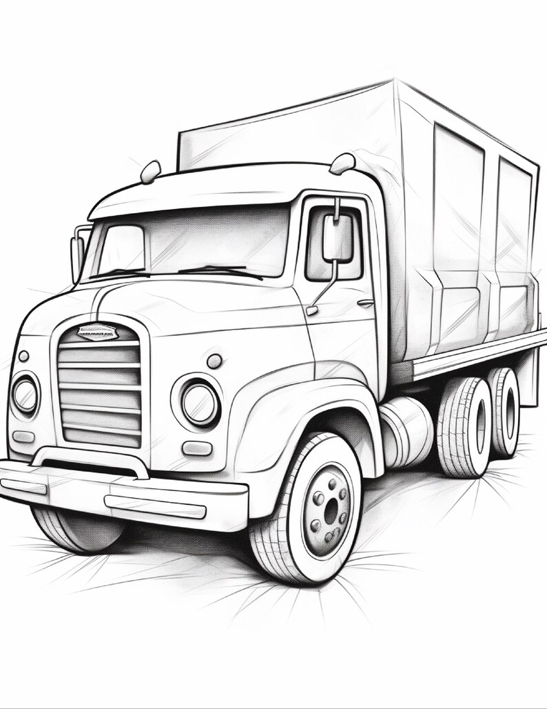 May include: A black and white line drawing of a medium-duty box lorry. The vehicle features a prominent front grille, circular headlights, side mirrors, and a large rectangular cargo box. The illustration shows the lorry from a front-side angle.