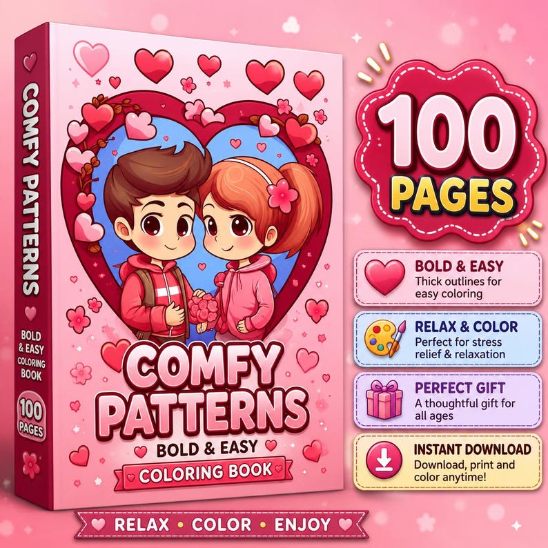 100 vrolijke en makkelijke kleurplaten | Kawaii liefdesboek voor stelletjes (digitale download) afbeelding 1