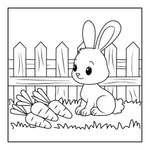 May include: A black and white line art coloring page featuring a small rabbit sitting on the grass next to three carrots. In the background, there is a wooden picket fence. The drawing has clear, bold outlines and simple shapes for coloring.