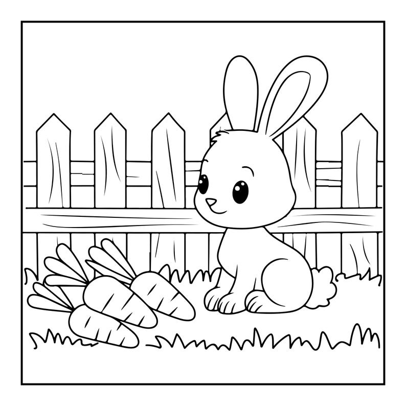 May include: A black and white line art coloring page featuring a small rabbit sitting on the grass next to three carrots. In the background, there is a wooden picket fence. The drawing has clear, bold outlines and simple shapes for coloring.