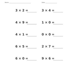 May include: A white worksheet titled Multiplication &bull; Single Digit with blank lines for Name and Date. It features ten maths problems including 3x2, 3x4, 4x9, 1x0, 4x1, 0x0, 6x5, 2x7, 6x0, and 9x6. The bottom footer reads Multiplication &bull; Single Digit Practice and Page 12 of 100.