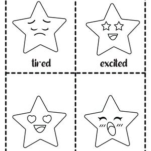 A sheet with four cut-out style cards featuring star characters expressing tired, excited, in love, and bored emotions with corresponding labels.
